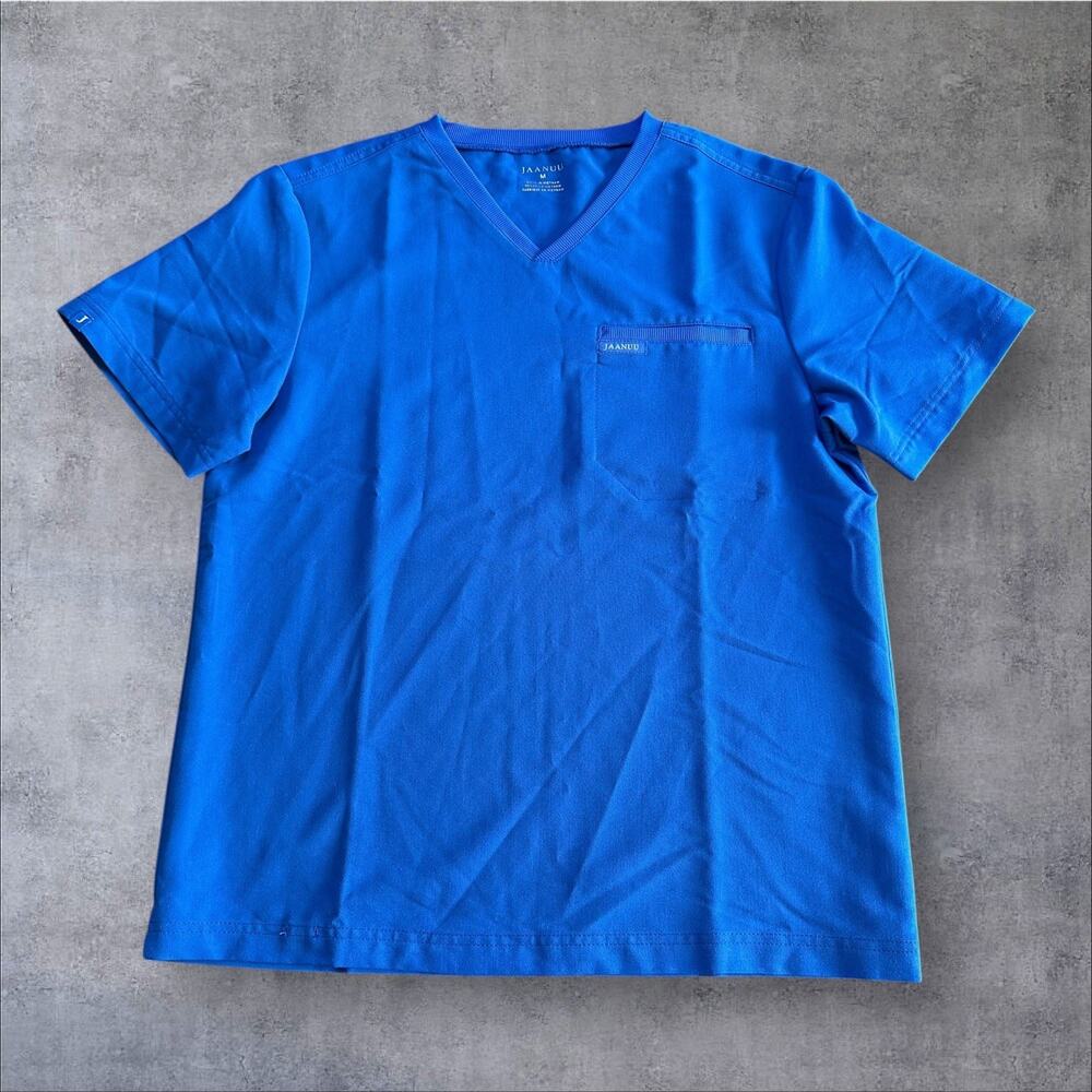 Jaanuu Men’s Size Medium Blue V Neck Pocket Nurse Hospital Doctor Scrub Top